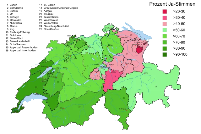 Ergebnisse der eidgenössischen Volksabstimmung zur Einführung des Frauenstimmrechts in der Schweiz vom 7. Februar 1971. Quelle: Wikimedia Commons