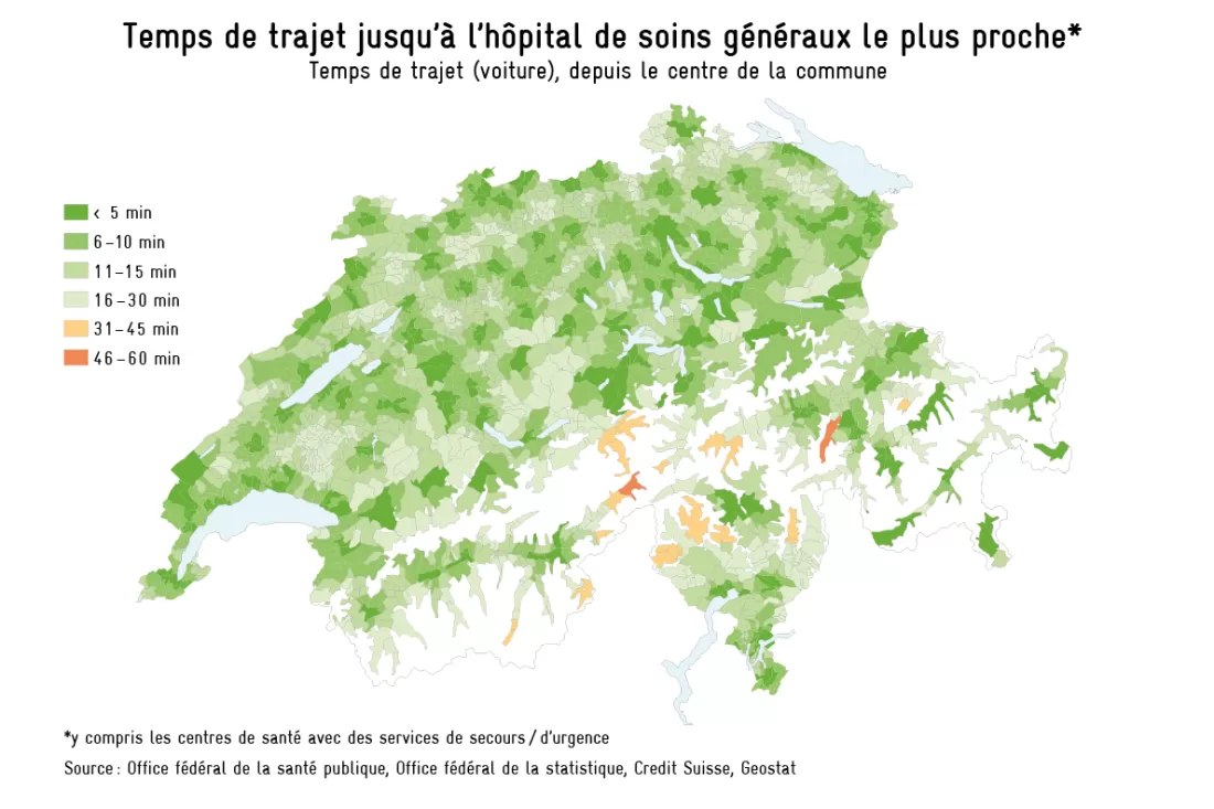 Densité des hôpitaux, illustrée par le temps de trajet (voiture) jusqu'à l'hôpital de soins généraux le plus proche