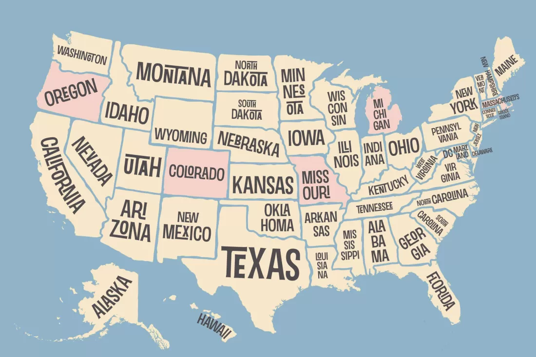 Karte der USA, Staaten mit Namen beschriftet; Oregon, Colorado, Missouri, Michigan und Massachusetts hervorgehoben.